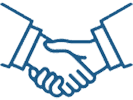 Two hands shaking in a circle with blue lines.